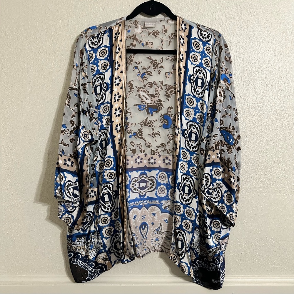 Chico’s Beige and Blue Mixed Media Kimono Cover-up